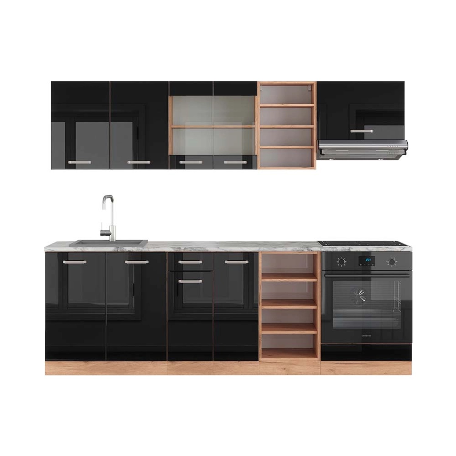 Vicco R-Line Küchenzeile Schwarz Hochglanz/Goldkraft Eiche 240 cm AP Marmor günstig online kaufen
