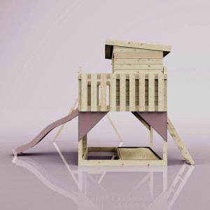 PolarPlay Spielturm Nils mit Schaukel und Rutsche in Altrosa. Holzspielturm für Kinder.