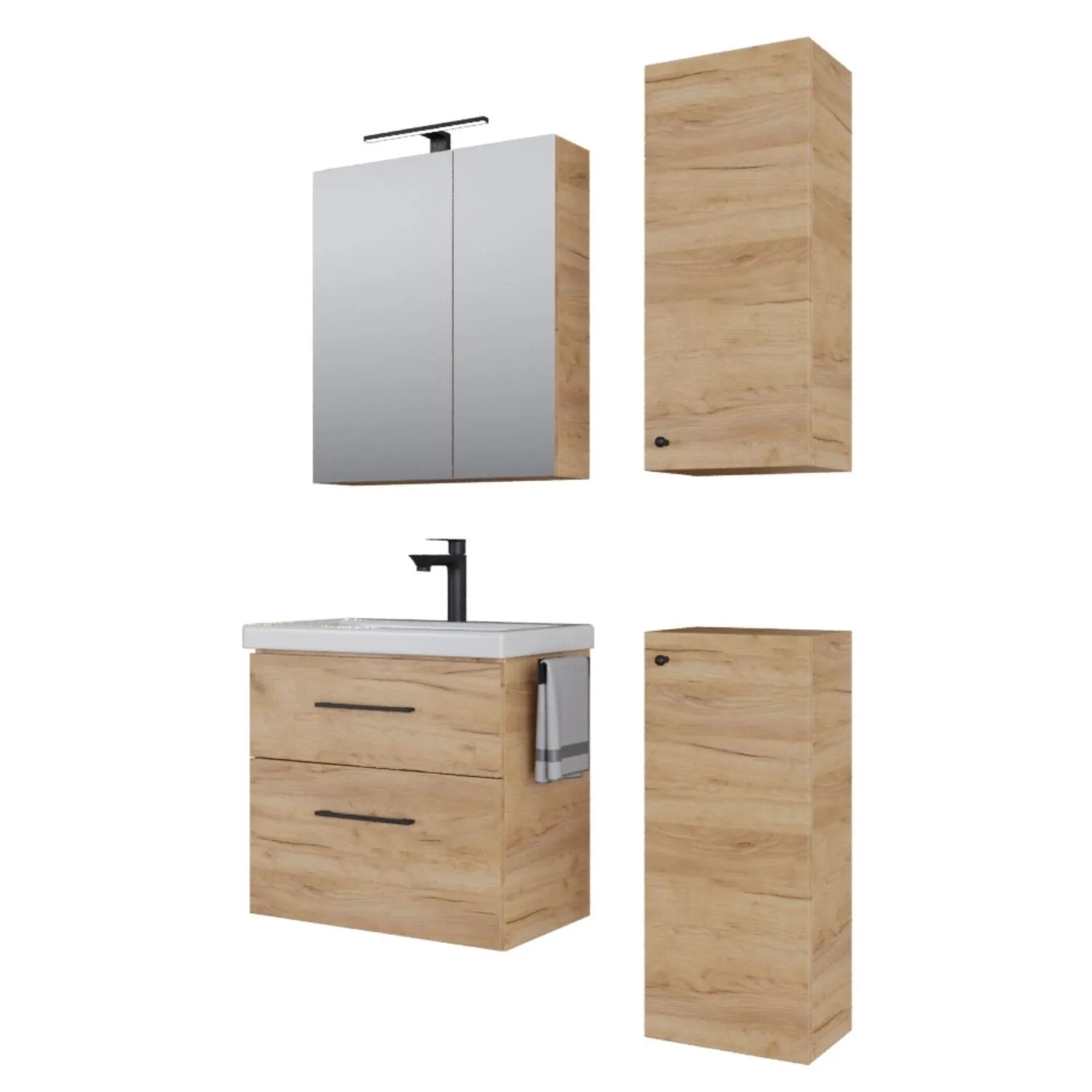 Planetmöbel Badmöbel Set 63 cm Gold Eiche mit Keramikwaschbecken LED Spiegelschrank 2 Midischränke Soft Close