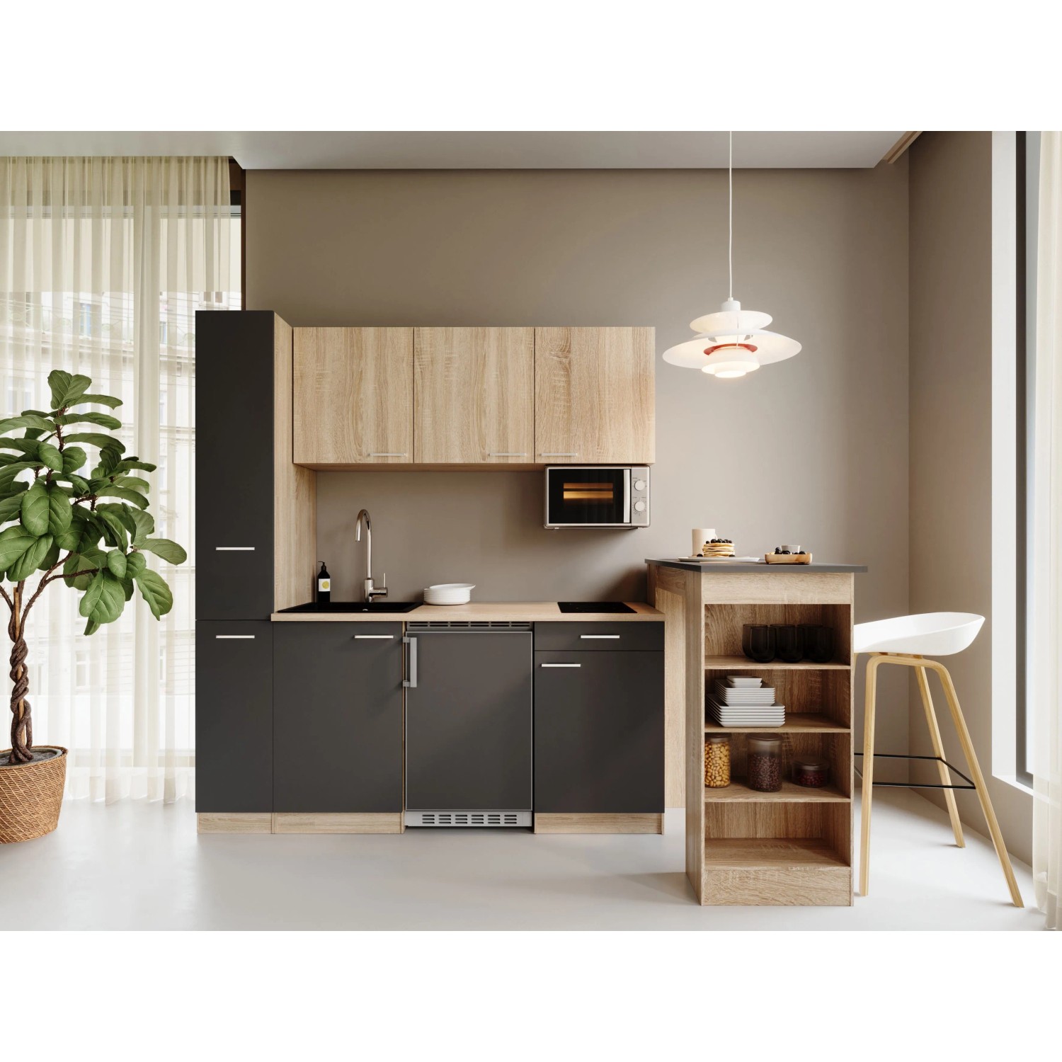 Respekta Ingrid Singleküche 180 cm Grau mit Bartisch mit Apothekenschrank