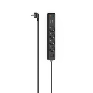 Hama Steckdosenleiste, 4-fach mit USB-C/A, 65W PD, Schalter und 1,4m Kabel in Schwarz/Grau.