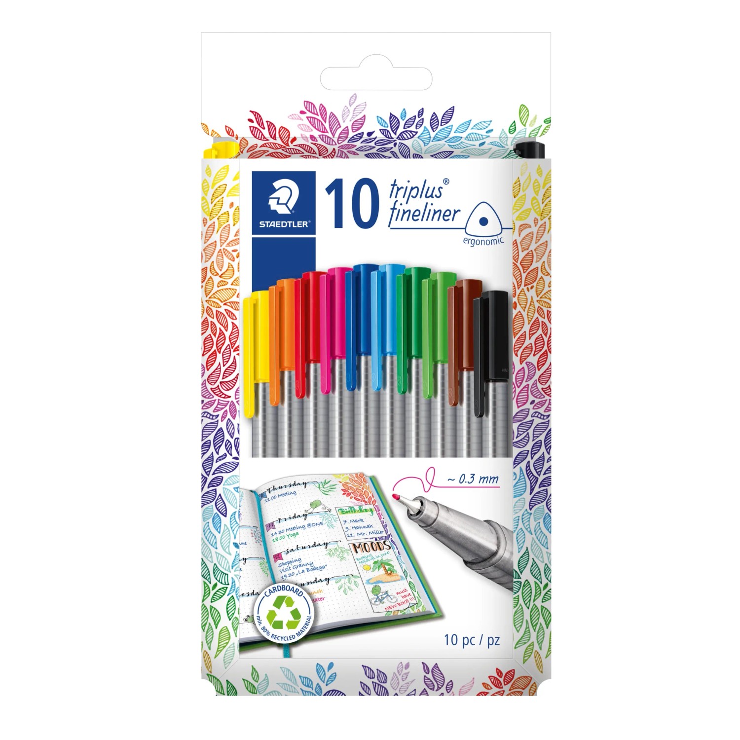 Staedtler Caja De 10 Rotuladores Triplus Fineliner 334 R-2 Eco Edition Rojo Punta 0.3mm Tinta Base Agua Anti-secado Plástico Reciclado