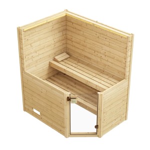 Weka Massivholzsauna Valida Eck mit Glastür, 4,5 kW Ofen Sparset. Fichte, Eckeinstieg.