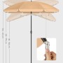 Höhenverstellbarer, taupefarbener Songmics Sonnenschirm (Ø 160 cm) mit Neigungsfunktion und Detailansicht.
