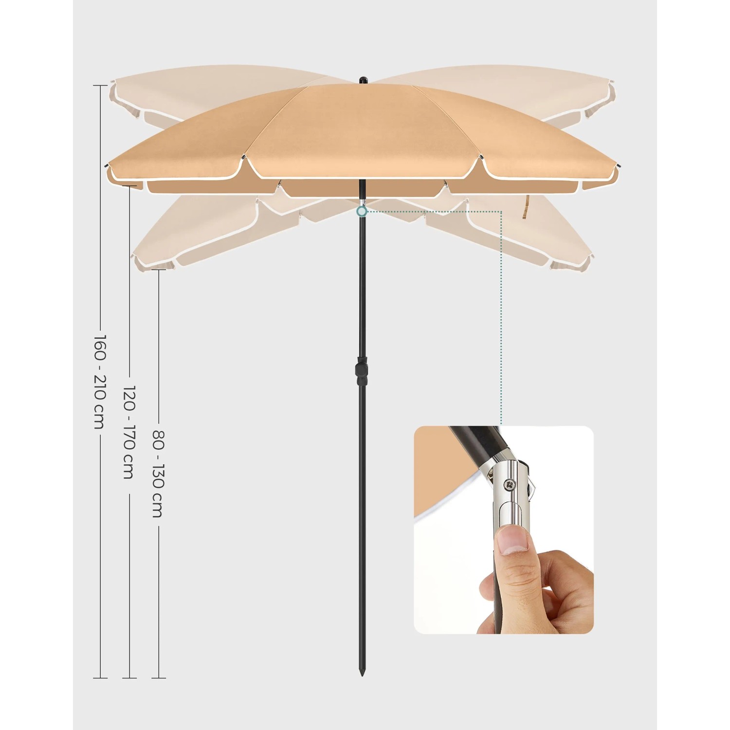 Höhenverstellbarer, taupefarbener Songmics Sonnenschirm (Ø 160 cm) mit Neigungsfunktion und Detailansicht.