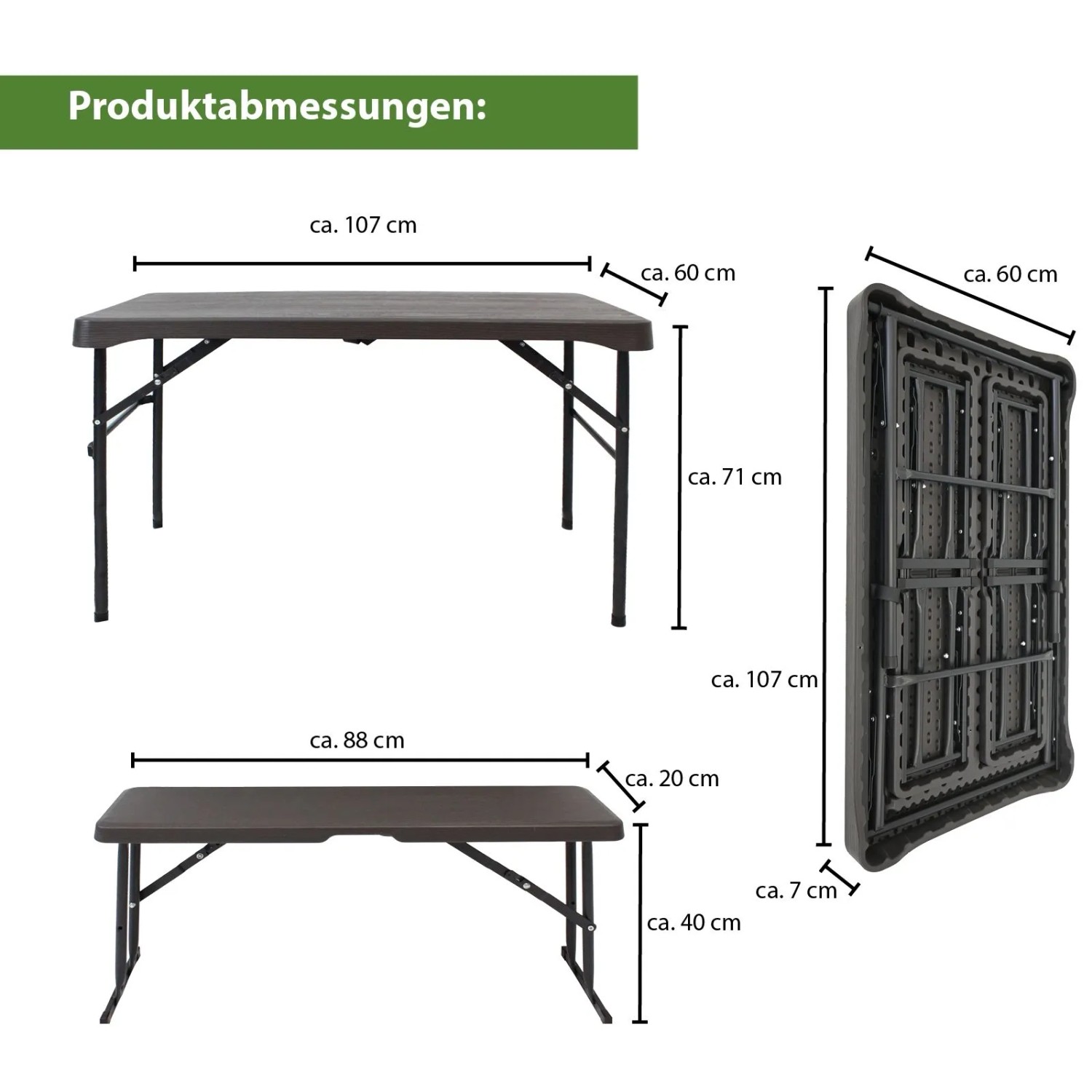 TRUTZHOLM Bierzeltgarnitur 3 Teilig Klappbar Länge 107cm Gartenmöbel Grau_4