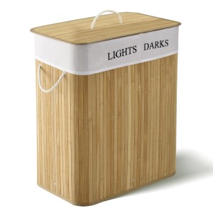 Bambus Wäschekorb mit Deckel, 100L, natur, mit Wäschesack und Tragegriffen.