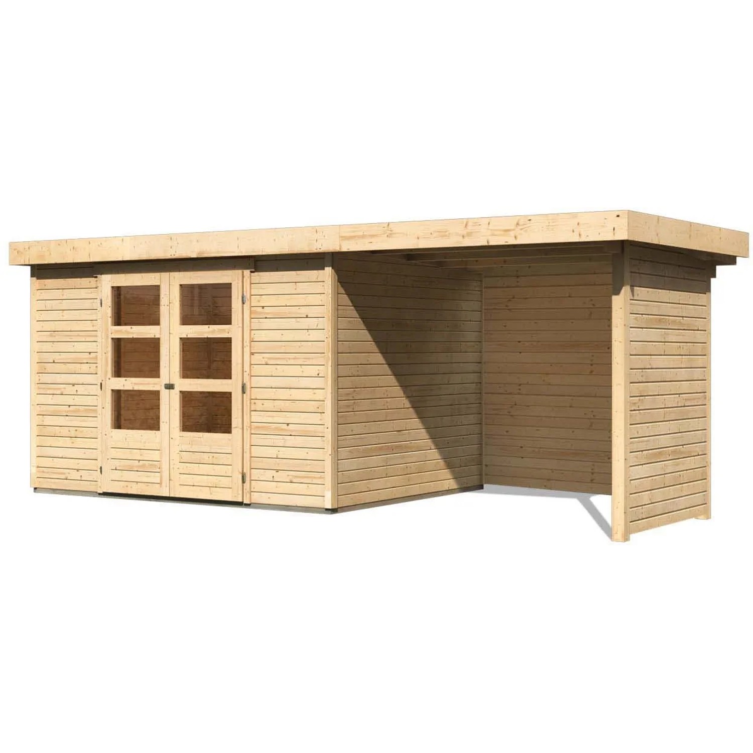 Karibu Holz-Gartenhaus Boras, unbehandelt, mit Flachdach und Anbau. Gartenhaus aus Holz.