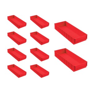Set aus 10 roten PROREGAL Industrieboxen, 6 Liter, für Aufbewahrungssysteme.