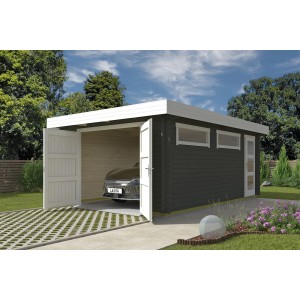 Lasita Garage Canberra, grau-grüne Fertiggarage mit offenem Holztor und Auto.
