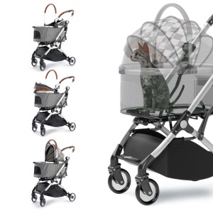 Grauer Fudajo 2in1 Hundewagen mit Katze, faltbar, abnehmbarer Tragetasche und Ablage. Für Haustiere bis 15 kg.