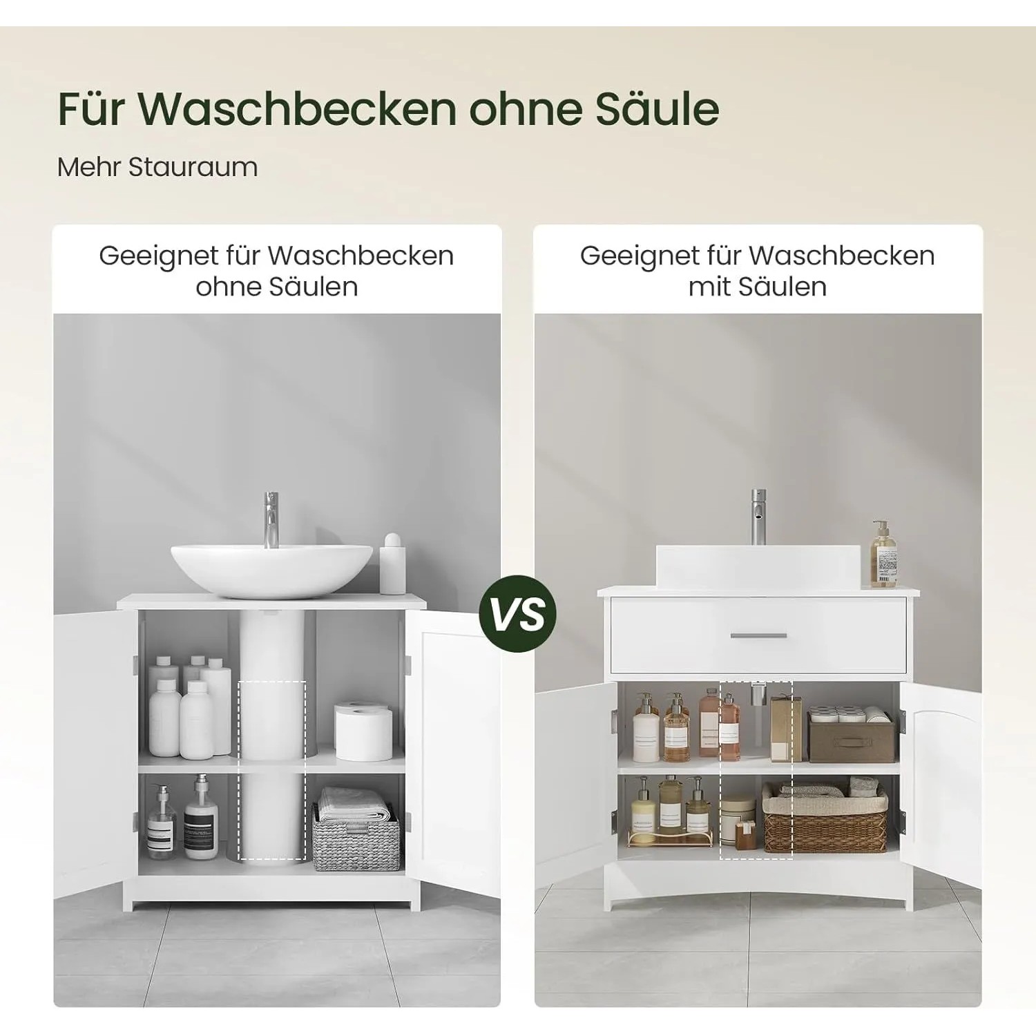 Weißer Waschbeckenunterschrank mit offenen Türen, viel Stauraum für Waschbecken ohne Säule, im Vergleich zu anderem Badschrank.