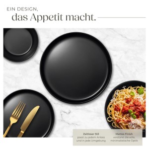 Tectake Tafelservice Una, 24-teilig, schwarz. Geschirr-Set mit Tellern und Schüsseln für 6 Personen.