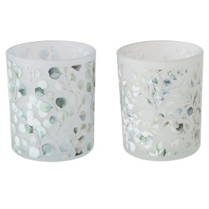 Zwei Windlichter Eukana von Boltze, 7 cm Durchmesser, mit Eukalyptus-Motiv.