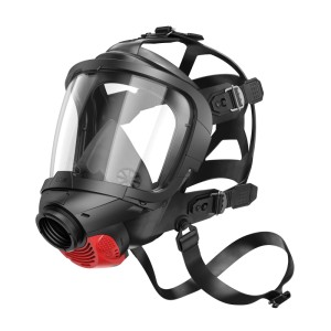 Dräger FPS 7000 Überdruck-Vollmaske schwarz mit klarem Visier und rotem Ventil für Atemschutz.