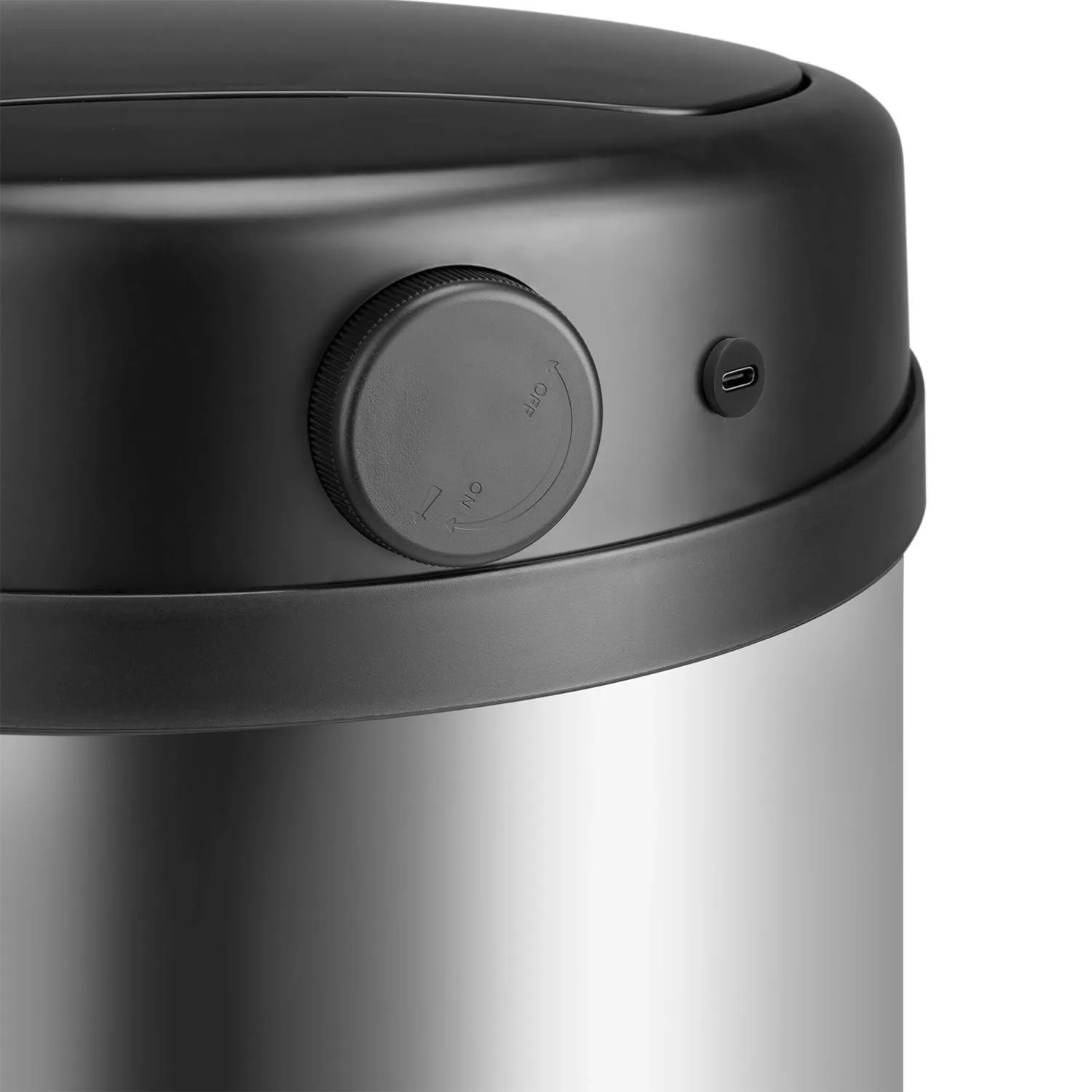 Detailaufnahme: Silberner Juskys Mülleimer mit Sensor, rund, 50L, mit Bedienfeld und USB-Anschluss.