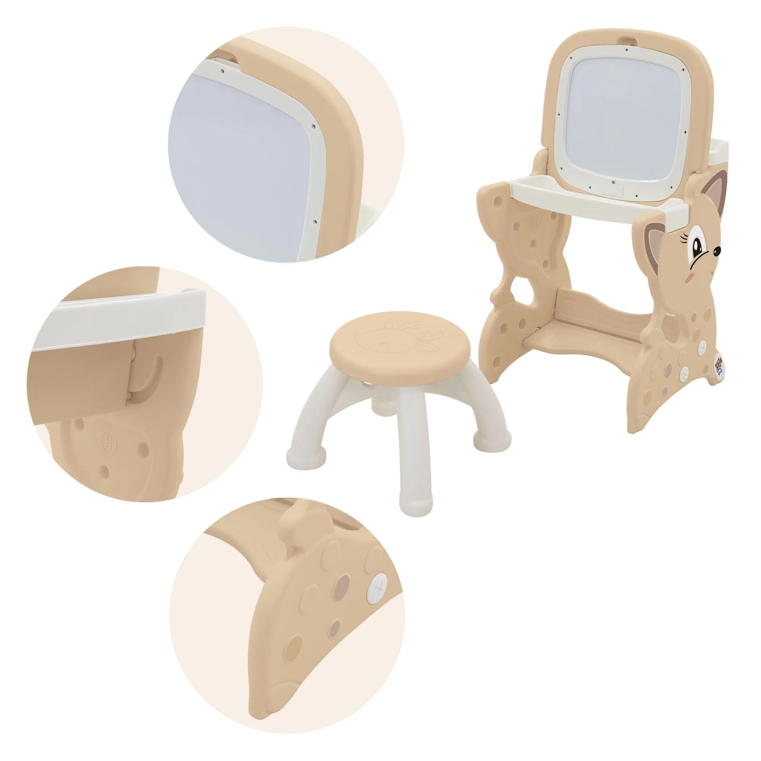 Joyz 3in1 Spieltisch Braun mit LCD-Tafel, Kinderhocker und Zubehör im Detail.