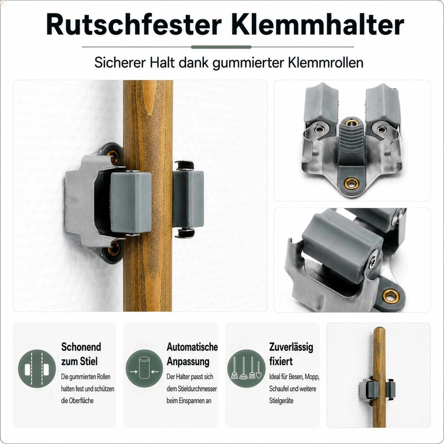 Stahl Klemmhalter für Besen und Stielgeräte, an Wand montiert. Gummierte Rollen sichern Werkzeuge. Ideal für Werkzeugaufbewahrung.