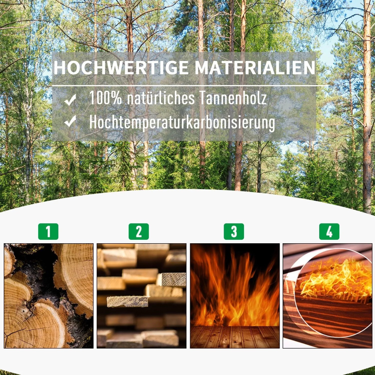 Outsunny Garten-Bett: 100% Tannenholz, hochtemperaturkarbonisiert. Zeigt Holzstruktur und Flammen.