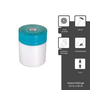 BMSC24 UV Masker Abdeckband mit Folie, 1,4m x 18m, transparent. Ideal zum Abdecken bei Malerarbeiten.