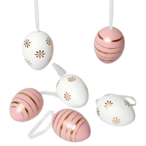 Brauns-Heitmann Ostereier, 6 Stk., rosa-weiß, ca. 6 cm, mit goldenen Akzenten.