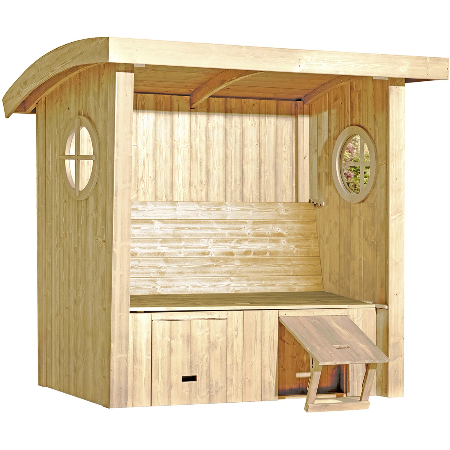 Weka Gartenlaube Merano aus gebürstetem Holz mit Runddach und Stauraum unter der Sitzfläche.