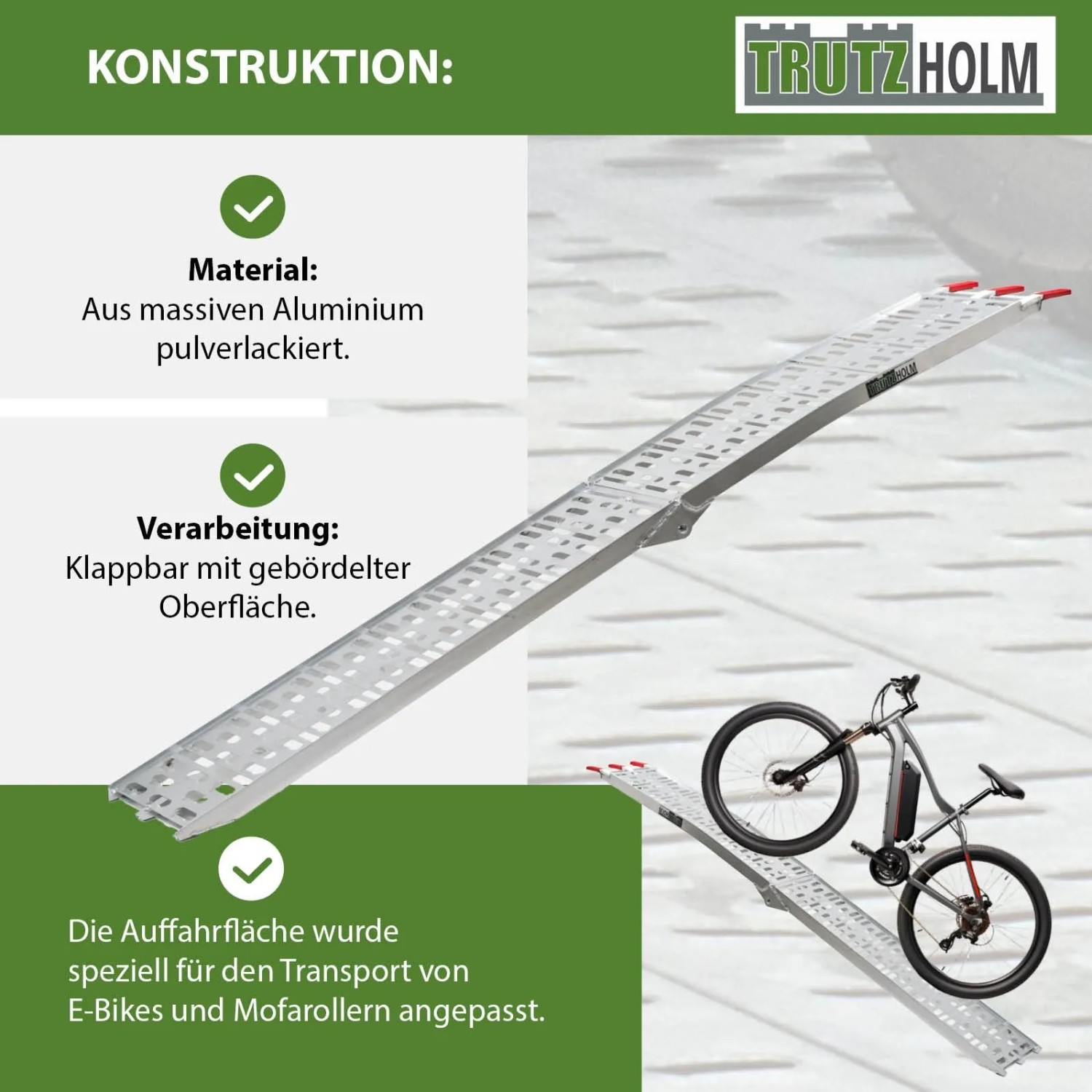 TRUTZHOLM klappbare Auffahrrampe aus Aluminium, 228 cm, Tragkraft 340 kg, mit E-Bike.