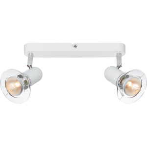Weiße Deckenleuchte Casaca mit 2 dreh- und schwenkbaren Spots und klarem Glas.
