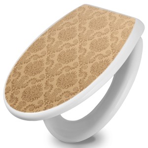 Weißer WC-Sitz mit Absenkautomatik und beigem Tapetenmuster.