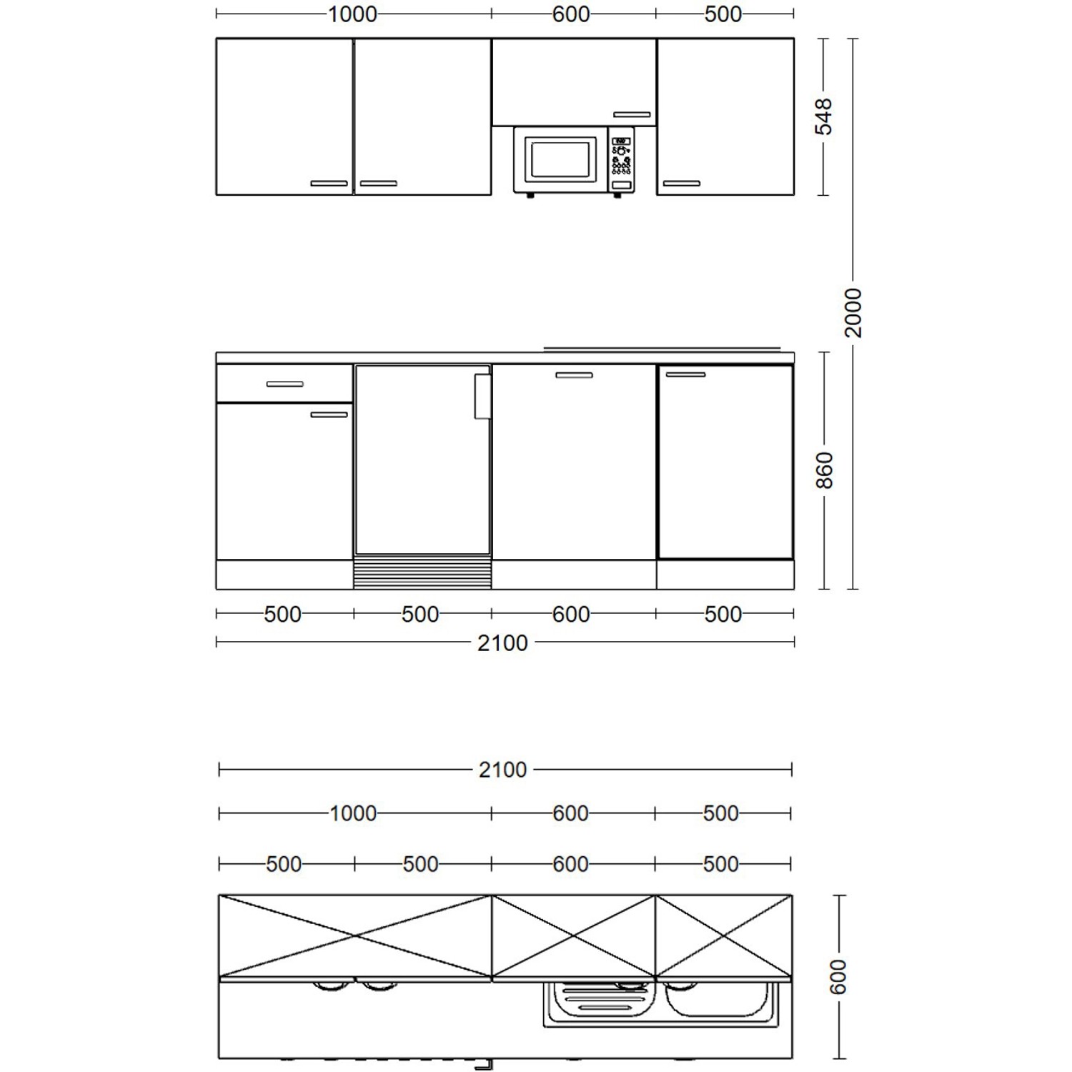 Skizze der Flex-Well Exclusiv Büroküche Joelina 210 cm in Weiß mit Maßen.