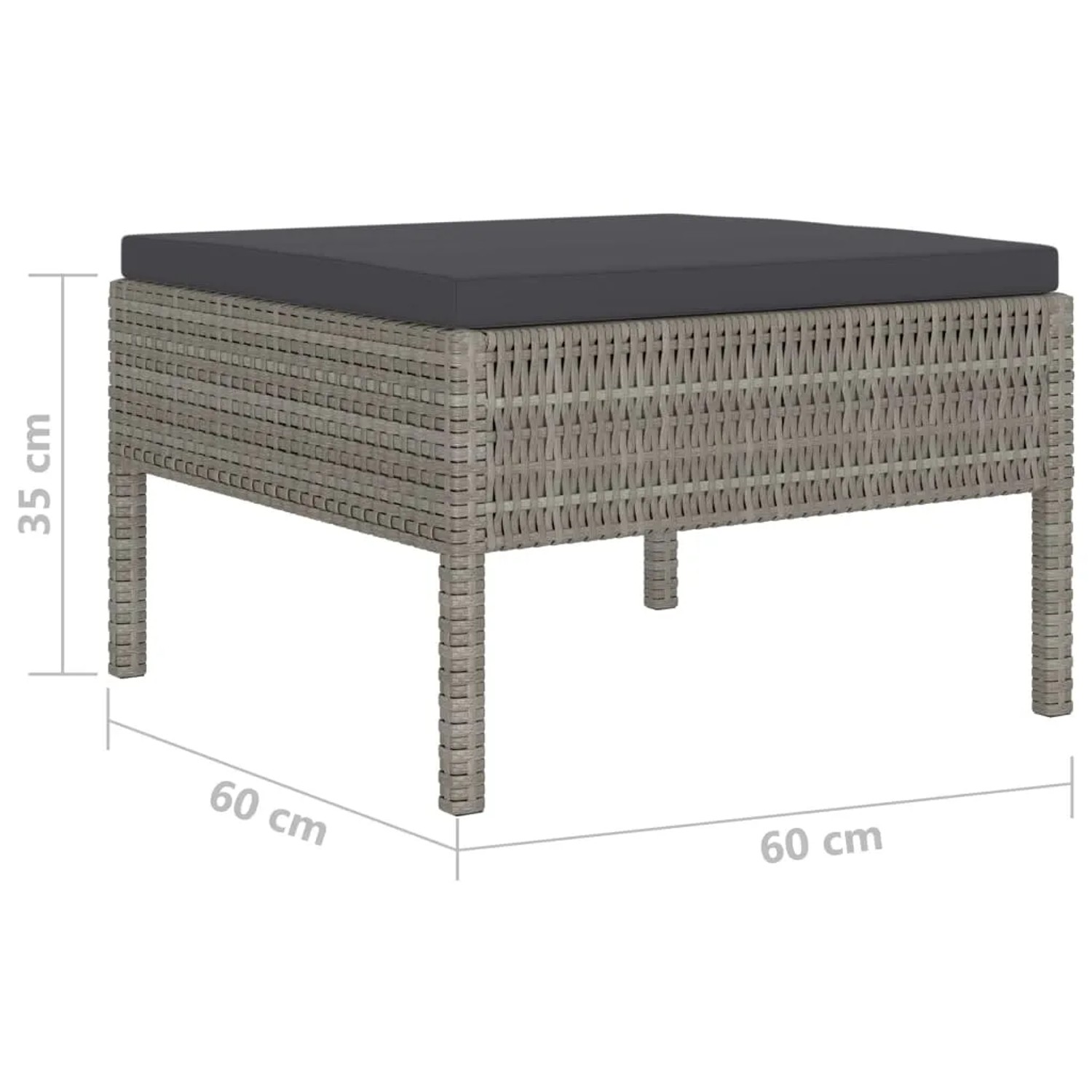 Fußhocker aus grauem Polyrattan mit anthrazitfarbenem Kissen, Teil des vidaXL Garten Lounge Sets.