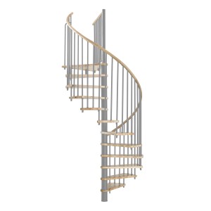Minka Spindeltreppe Spiral Wood Eiche Grau, Durchmesser 120 cm. Innentreppe mit Holzstufen und grauem Geländer.