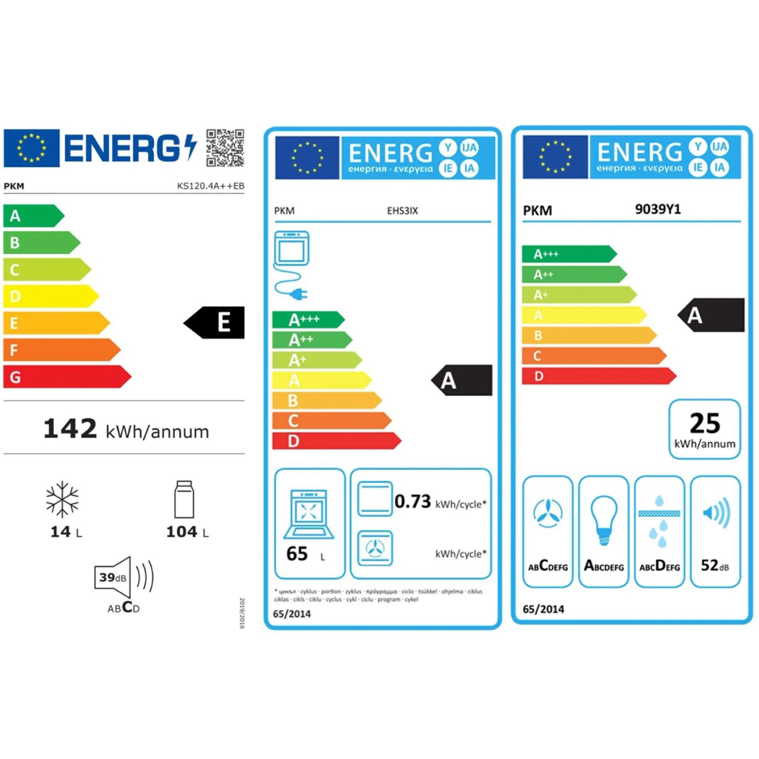 Energieeffizienzlabel der Flex-Well Küchenzeile Lucca mit Kühlschrank, Herd und Dunstabzugshaube.
