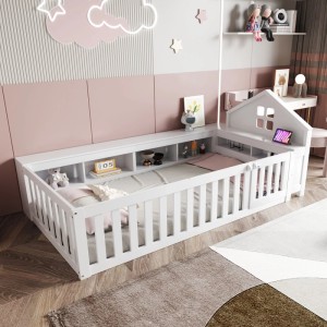 Weißes Merax Kinderbett 90x200cm aus Massivholz. Hausbett mit Stauraumfächern und Gitterstäben für Kinderzimmer.