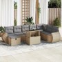 Beige 9-teilige Garten-Sofagarnitur aus Rattan mit hellgrauen Kissen und Tisch.