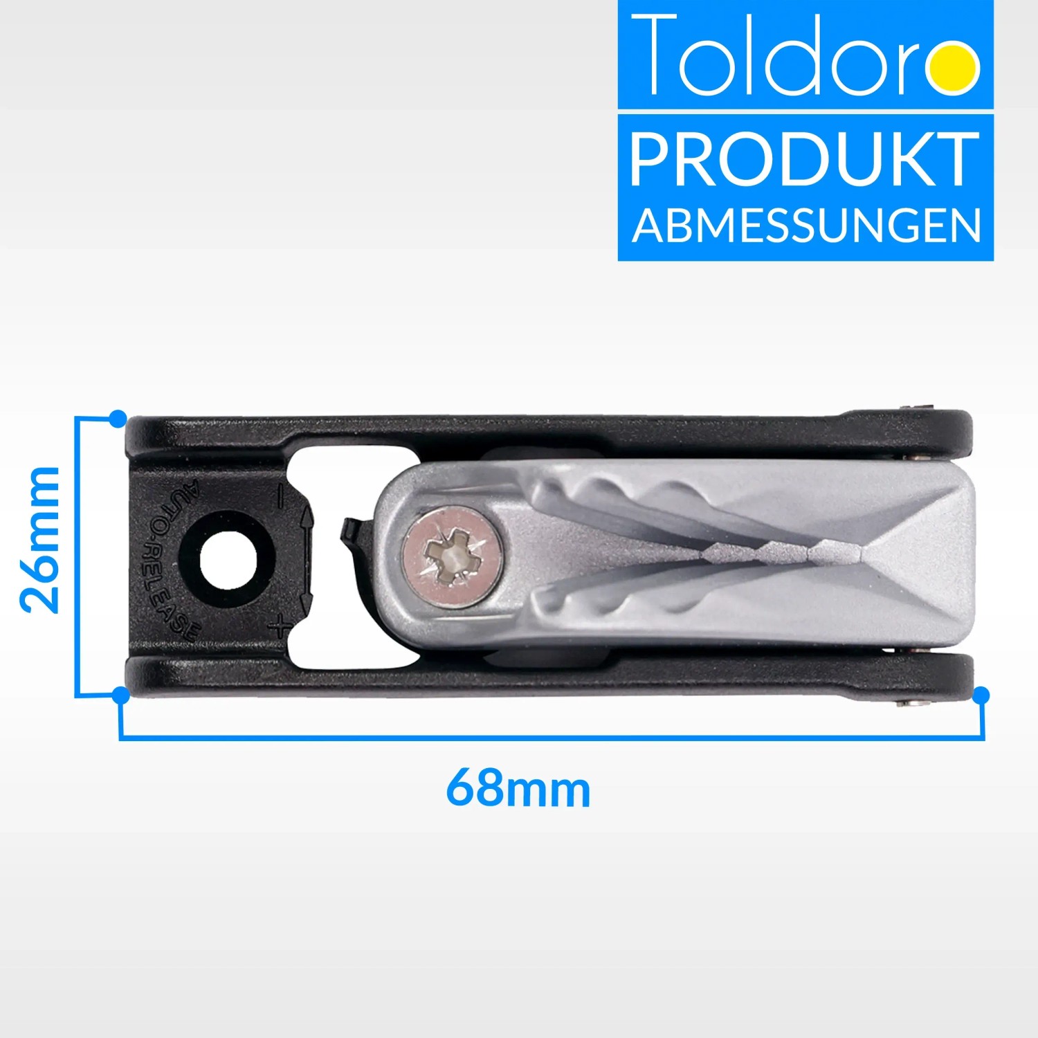 Toldoro Sicherheitsklemme CL257 für 4-6 mm Tauwerk, Detailansicht mit Maßangaben.