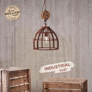 Rostfarbene Brilliant Pendelleuchte Matrix, 34 cm, im Industrial-Design mit Holzelement.