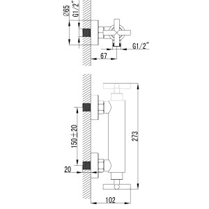 Technische Zeichnung PaulGurkes Duschsystem Juliet: Maße und Anschlüsse für Installation.