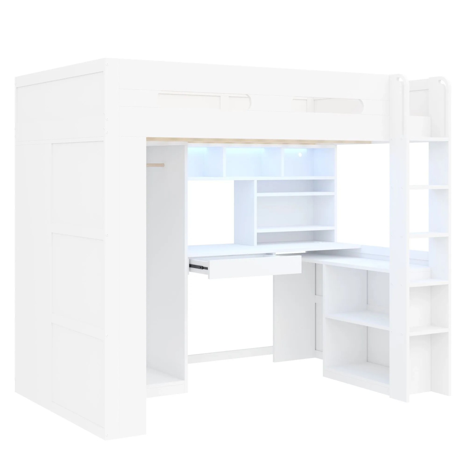 Merax Hochbett 90x200 cm Mit Schublade Regalen Kleiderschrank Schreibtisch USB LED Weiß
