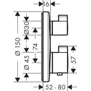 Technische Zeichnung: Hansgrohe Ecostat S Thermostat Unterputz für 2 Verbraucher, Maße und Details.
