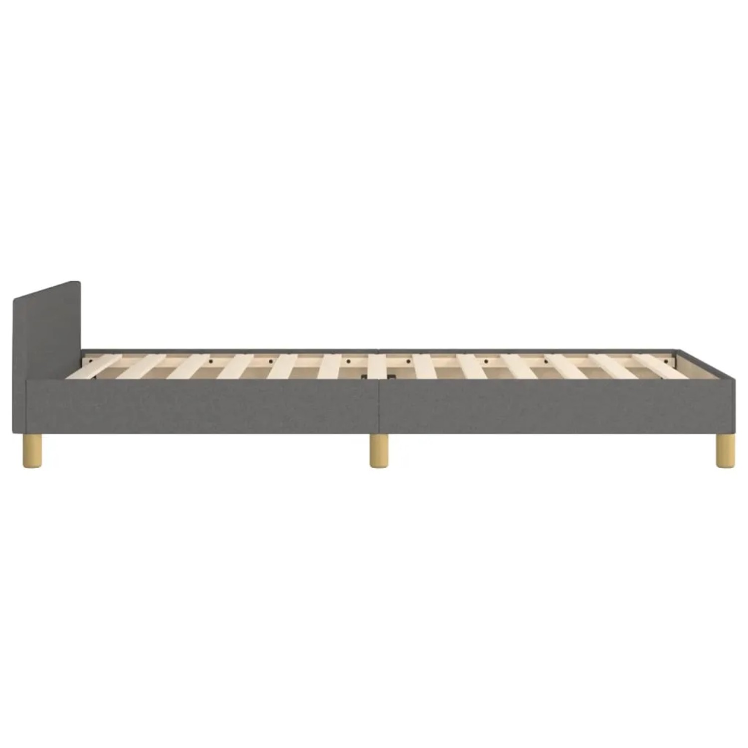 Dunkelgraues Stoff-Bettgestell 90x190 cm mit Kopfteil und Holzfüßen.