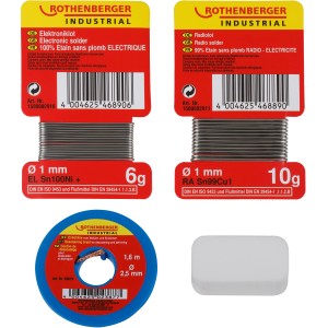 Rothenberger Radio-Elektronik Set, 4-tlg., bleifrei, mit Lötzinn, Entlötlitze und Salmiakstein.