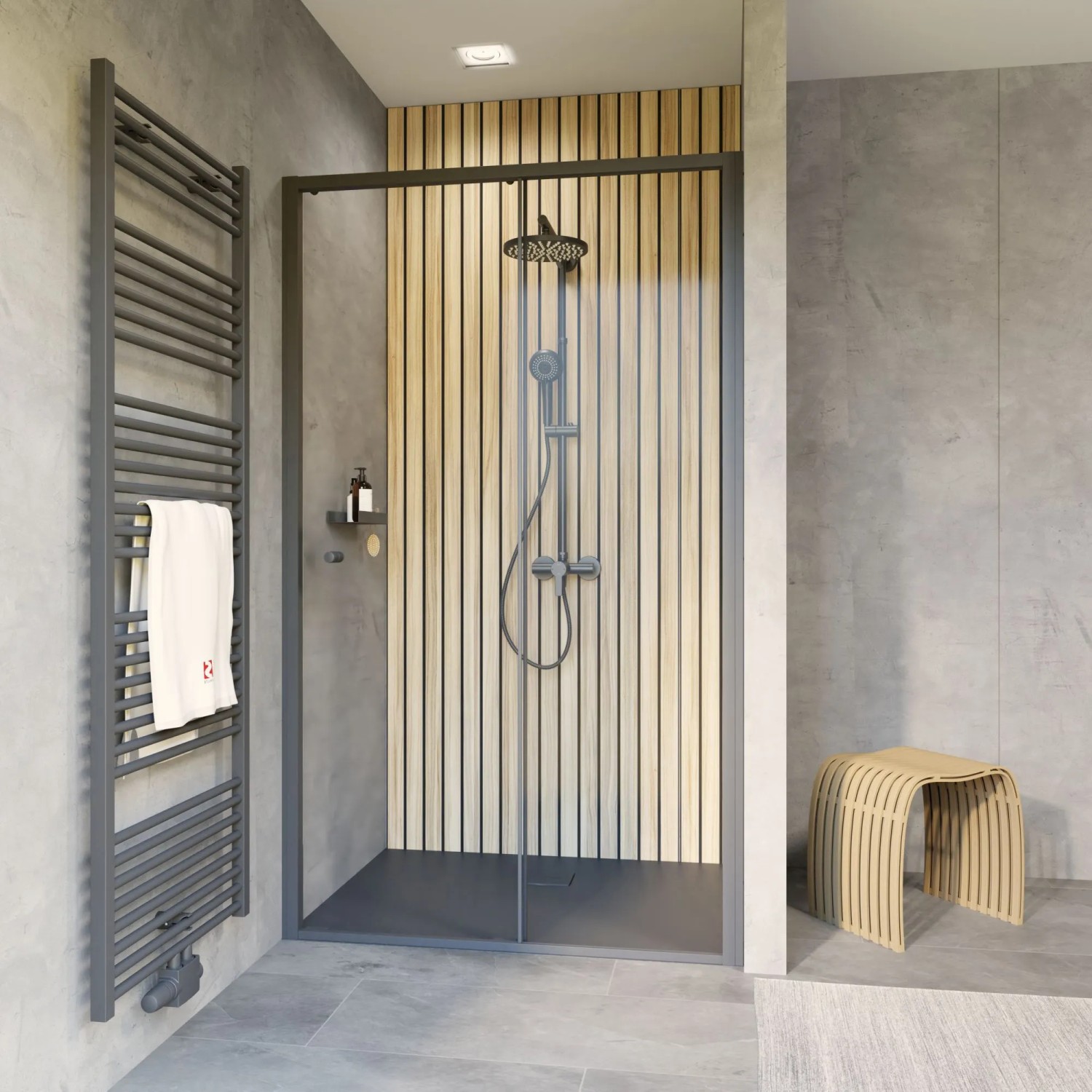 Schulte Schiebetür Trend 2.0 in Mattschwarz, 200x120 cm, für Nische im Badezimmer.