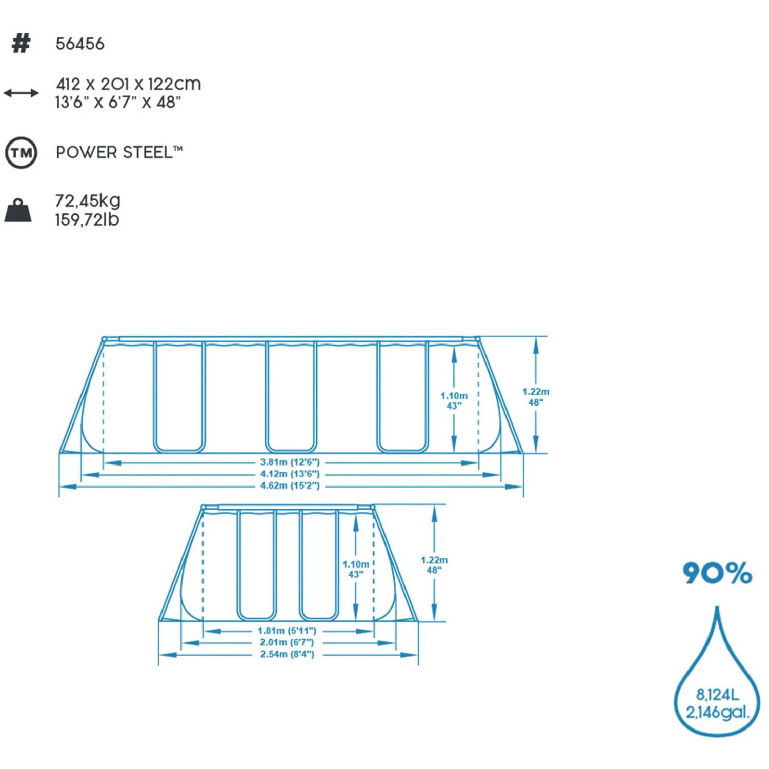 Technische Zeichnung des Bestway Frame Pool-Set Power Steel 412x201x122 cm, Eckig, mit Maßangaben.