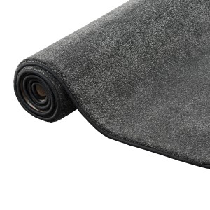 Gerollter, anthrazitfarbener Snapstyle Hochflor Teppich (160x160cm).
