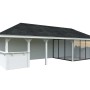 Palmako Pavillon Bianca Set, 876x300 cm, weiß lackiert. Weekendhaus mit Schiebetüren und Tresen.