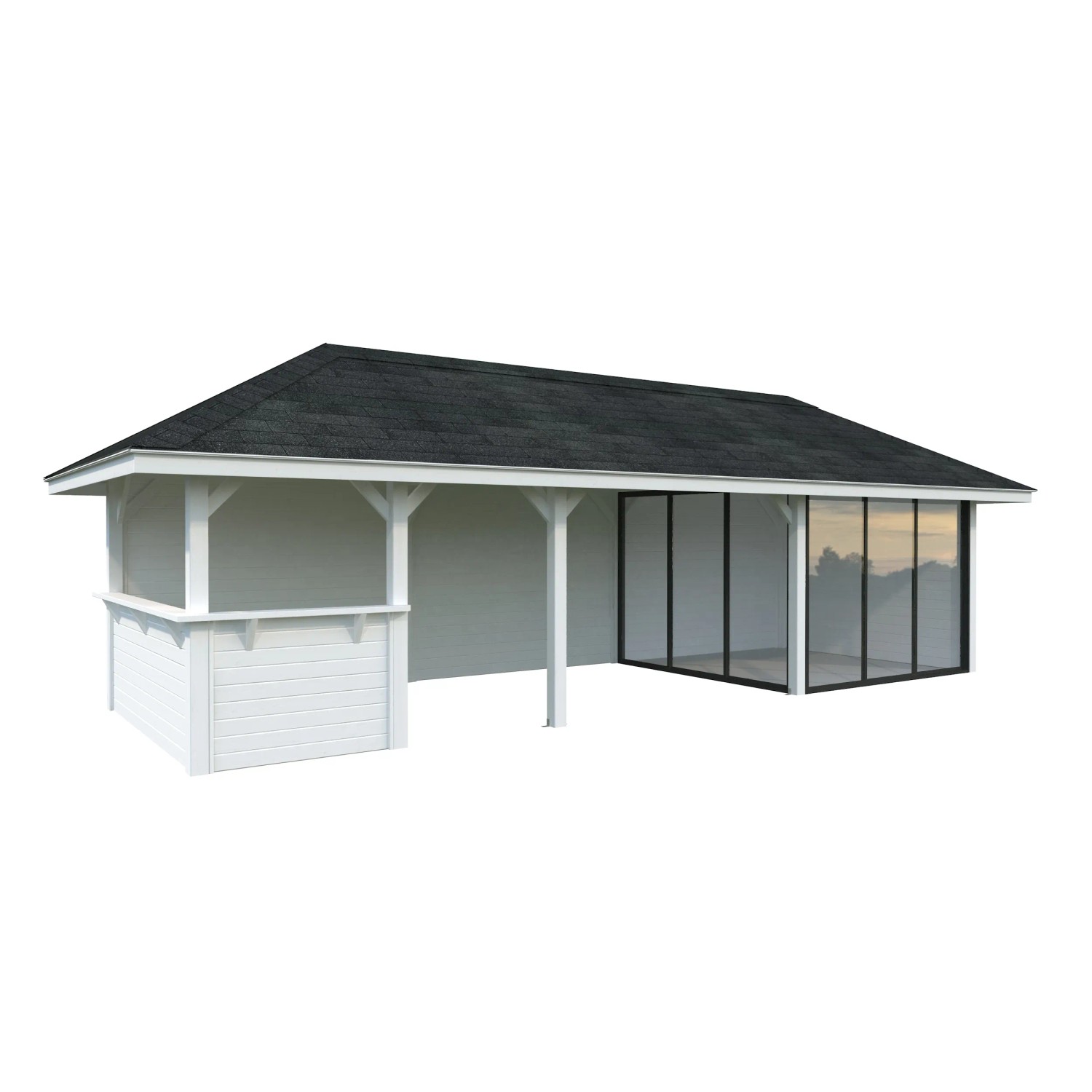 Palmako Pavillon Bianca Set, 876x300 cm, weiß lackiert. Weekendhaus mit Schiebetüren und Tresen.