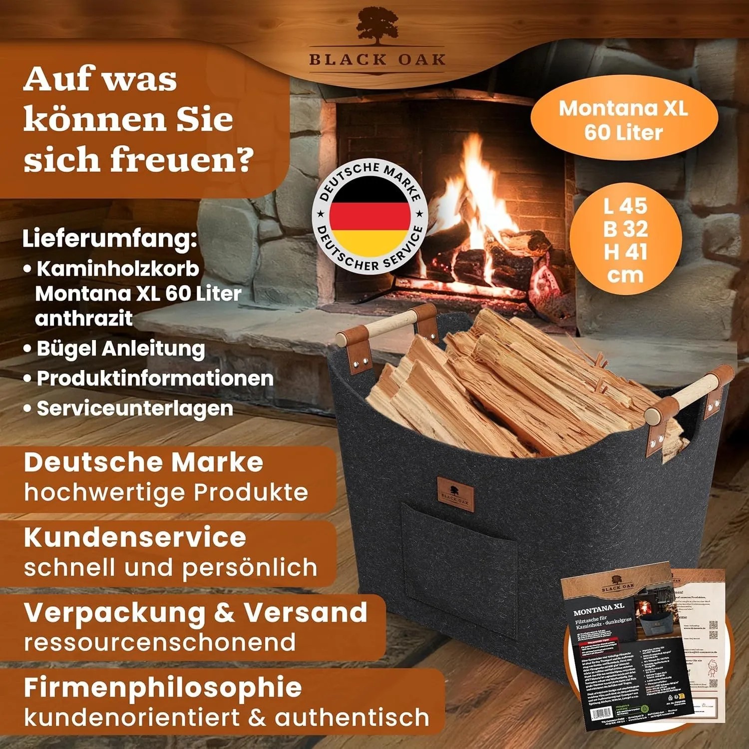 BLACK OAK Holzkorb MONTANA XL 60L Anthrazit aus Filz mit Echtleder Applikationen – Kaminholzkorb mit Griffen für Brennholz Innenbereich_9