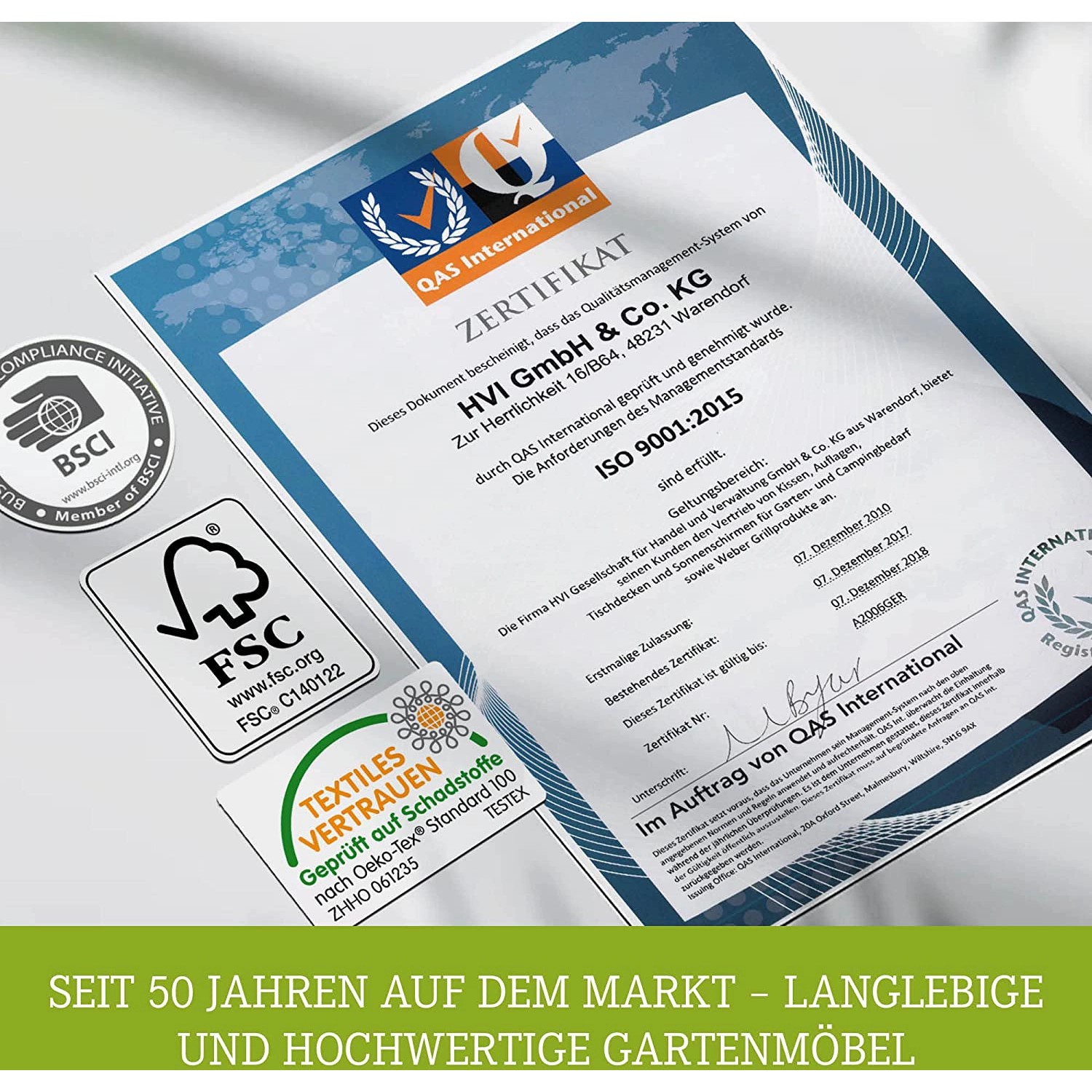 Zertifikate und Auszeichnungen für Acamp Gartentische, wie BSCI, FSC und Öko-Tex.