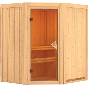 Karibu Sauna Thora Natur, Elementsauna aus Fichte mit Glastür und zwei Bänken.